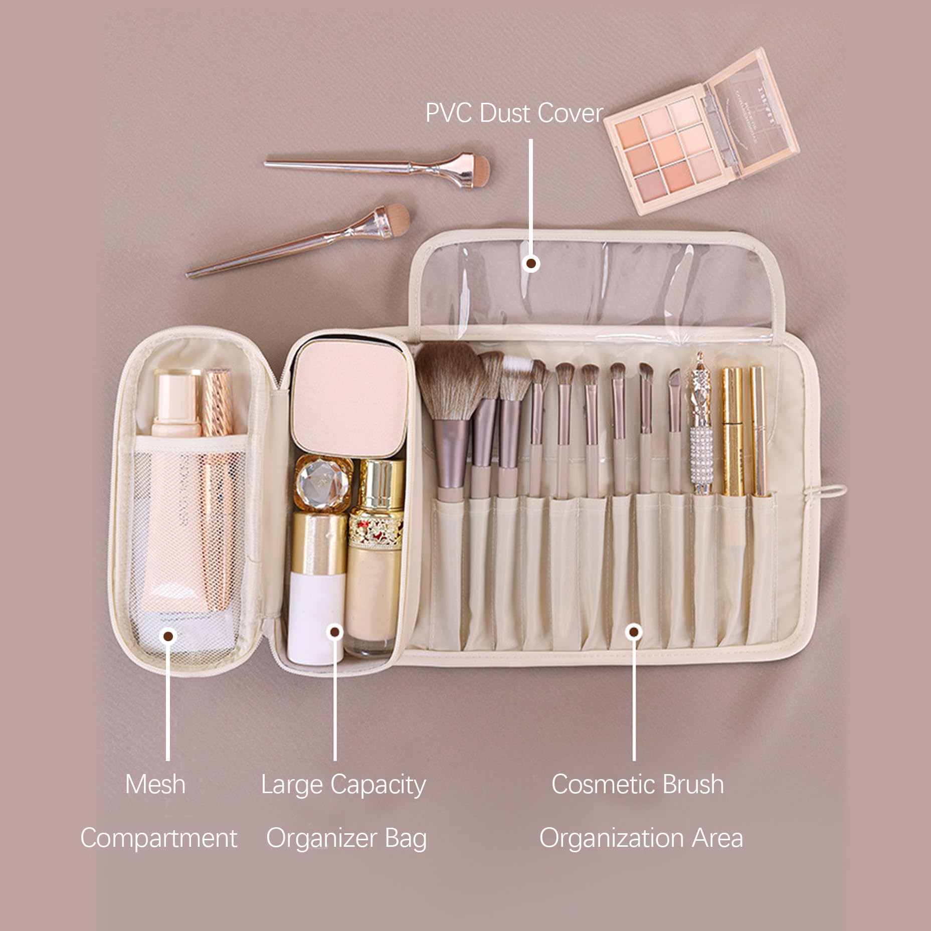 Foldable Toiletry Bag, Water-Resistant PU Leather Cosmetic Organiser with Zipped Compartments for Makeup, Skincare and Travel, Pink โ image 3