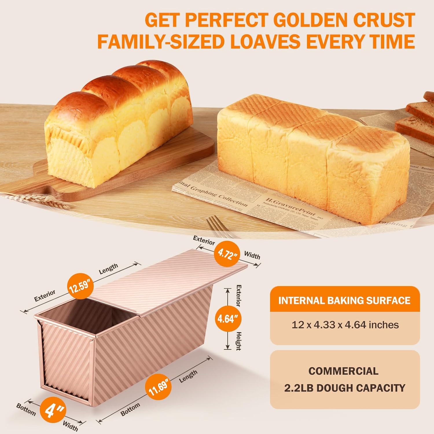 Pullman Loaf Pan with Lid, 13x4 inch, Premium 2.2LB Nonstick Sandwich Bread Loaf Pan for Homemade Sourdough Bread, Heavy Duty Carbon Steel Corrugated Toast Box — image 2