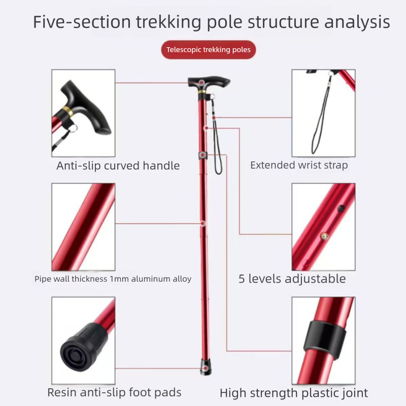 Folding Hiking Stick Brown - Adjustable Aluminum Telescopic Walking Cane, 5-Height Settings 82-95cm, Lightweight Portable Trekking Pole for Seniors โ image 3