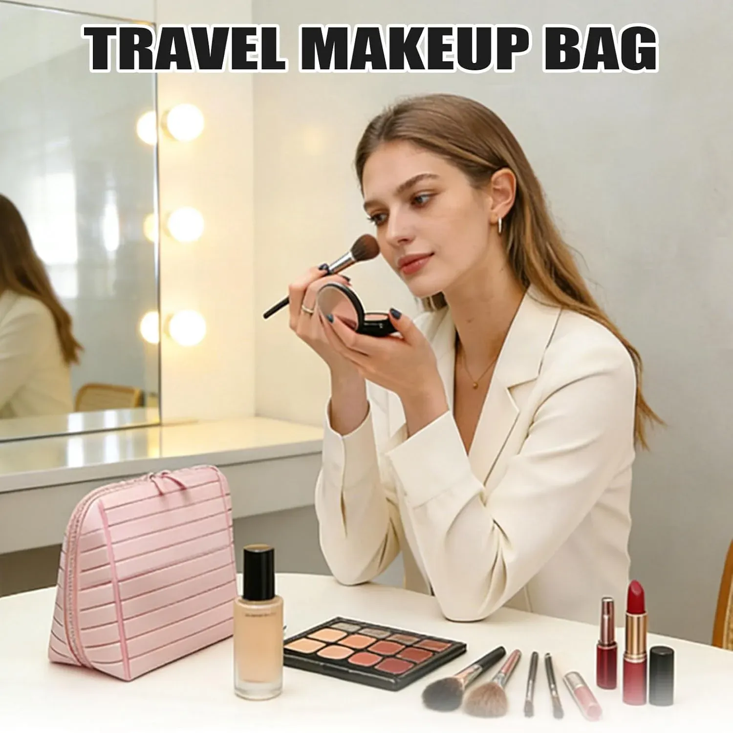 Travel Makeup Bag, Foldable Waterproof Toiletry Organizer for Skincare Cosmetics, Pink 7.8 In — image 5