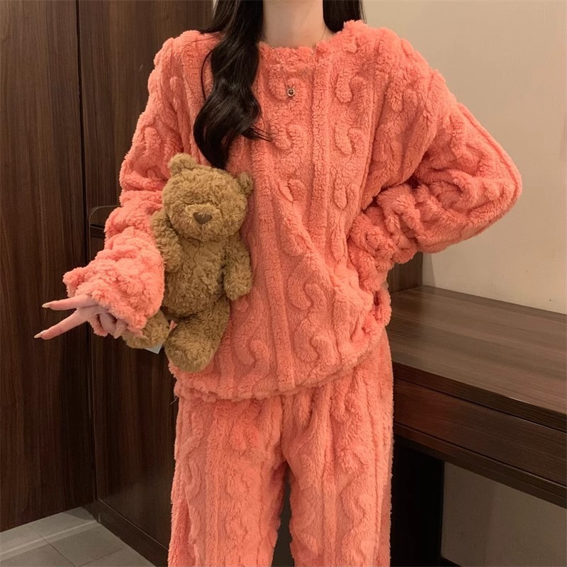 Pink Coral Fleece Jacquard Thermal Pajama Set โ Autumn/Winter Fleece-Lined, Thickened, Casual Loungewear โ image 4