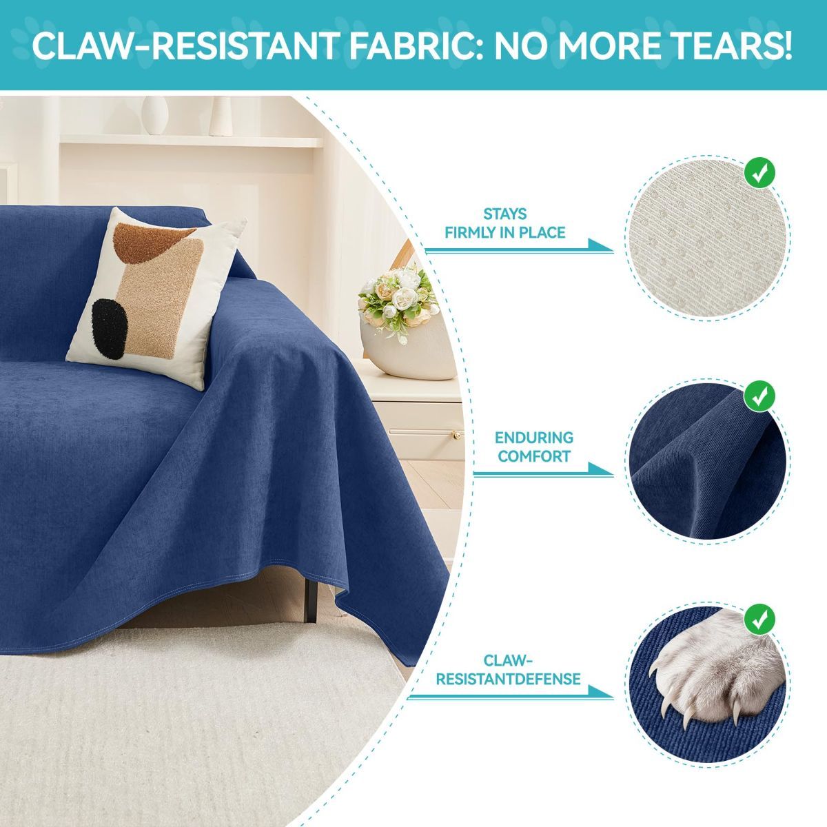 71" x 134" Couch Protector from Cat Claws, Waterproof Couch Cover Anti Slip, Couch Cover 3 Cushion Sofa Washable, Anti-Scratch Pet Sofa Cover Heavy — image 3