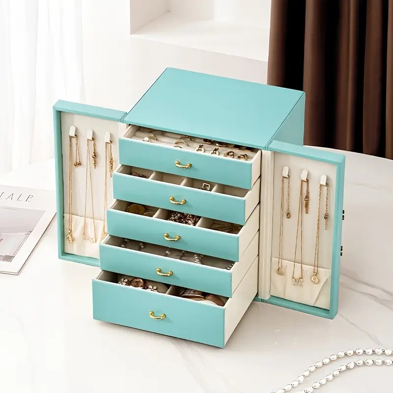 White 1 Large Faux Leather Jewelry Storage Box with 5 Drawers and Gold Handles - An elegant rectangular storage space for rings, necklaces, bracelets โ image 5