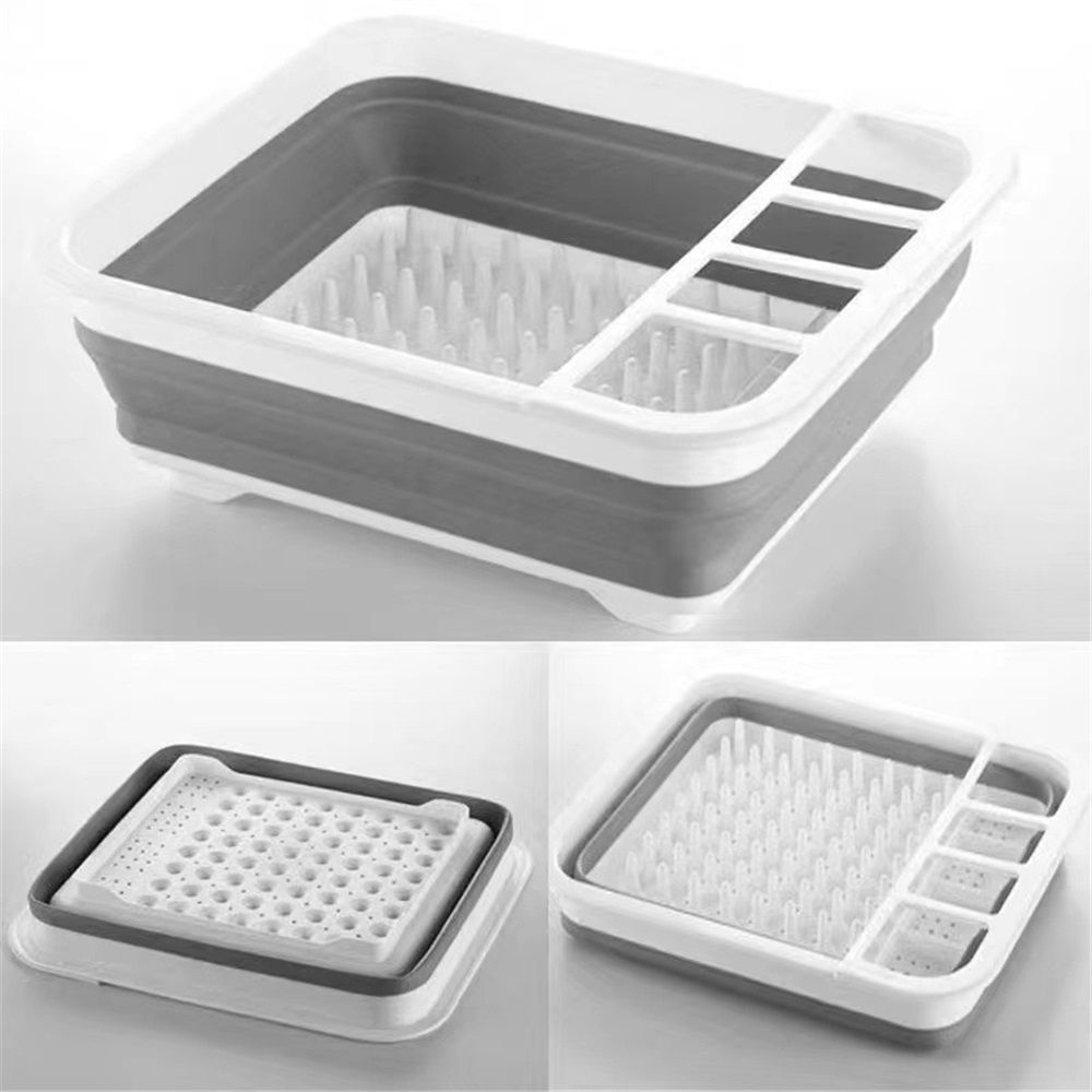 Silicone Clear & Grey Dish Drying Rack with 4 Silverware Slots Compact Size | Collapsible Space-Saving Design Fits in Cabinet(Excluding tableware ) — image 4