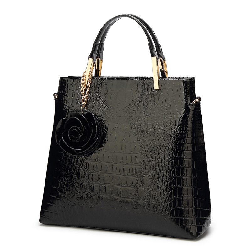 Black Patent PU Leather Crocodile Embossed Shell Bag(30 × 11 × 26 CM) with Floral Pendant