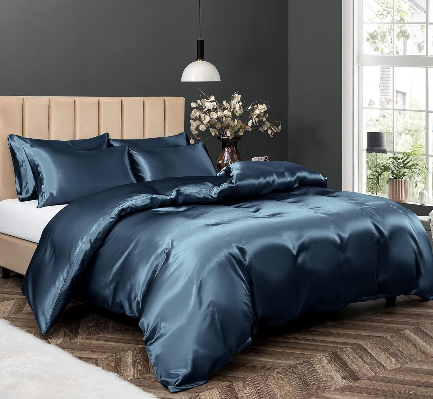 Satin Quilt cover Set Hotel 3 Pieces Quilt cover with Pillowcase, Art Silk Bedding Set-Luxury Soft Silky pillowcase for Hair and Skin, Similar to Silk — image 2