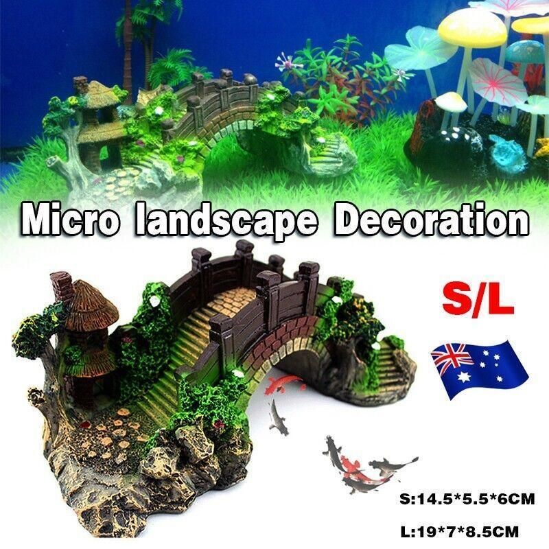 Aquarium Fish Tank Ornament Bridge Resin Rock Pavilion Tree Landscape Decoration - L:19*7*8.5CM — image 2