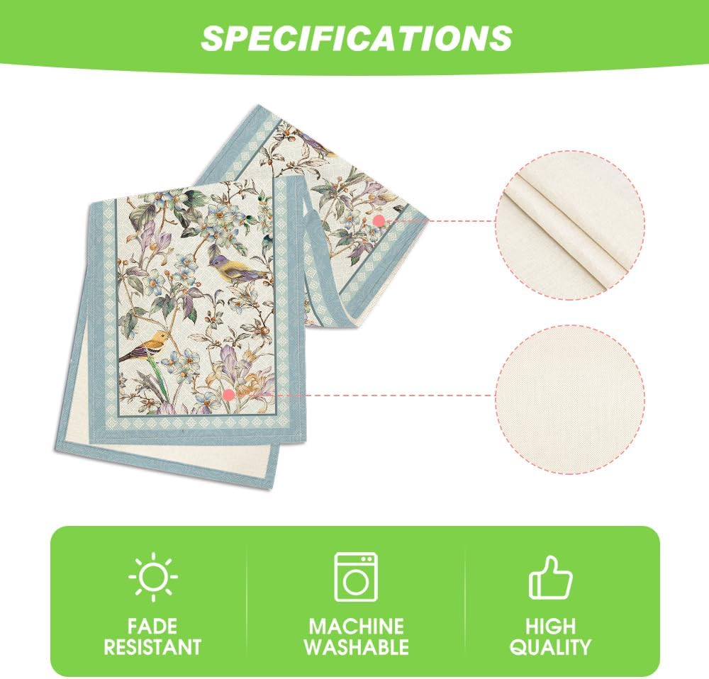 Blue Birds Flowers Blossom Table Runner, Seasonal Spring Floral Kitchen Dining Table Decoration for Home Party Decor 13 × 72 Inch — image 5