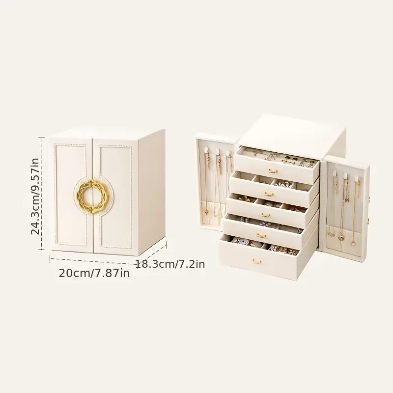 White 1 Large Faux Leather Jewelry Storage Box with 5 Drawers and Gold Handles - An elegant rectangular storage space for rings, necklaces, bracelets โ image 4