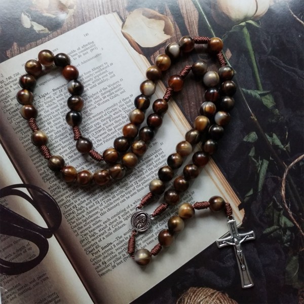 Crucifix Rosary Beads Necklace Medal Chain Pendant Necklace Brown Acrylic Beads Long Chain Pray Jewelry Gift — image 3