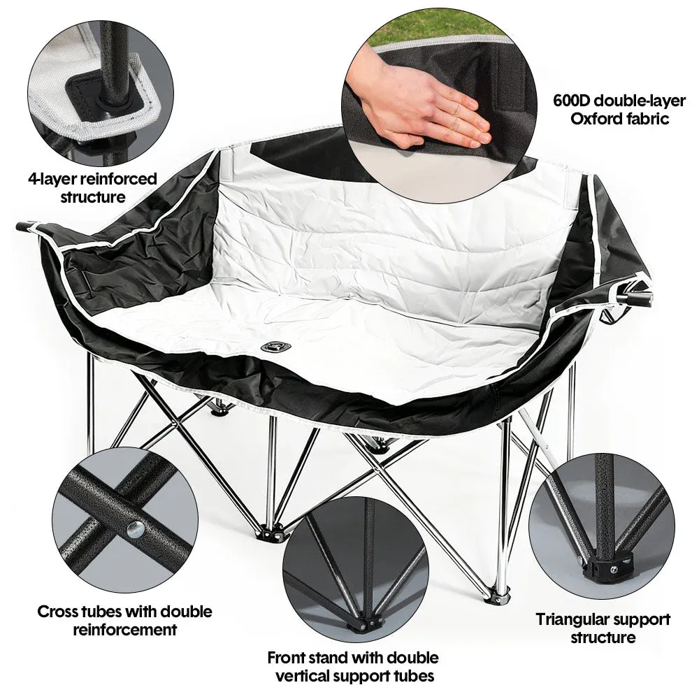 Double Camping Chairs Outdoor Lawn Camping Couch Heavy Duty Folding Chairs Strong Loading Capacity Metal Frame Oxford Fabric with Armrests and Cup Holders — image 3