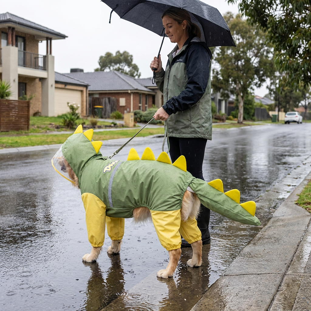 Green Dog Raincoat Dinosaur Hooded Waterproof Jacket 6XL Size with Leash Hole Removable Tail Cover Full Body Coverage Pet Rain Coat for Outdoor Walking Large — image 3