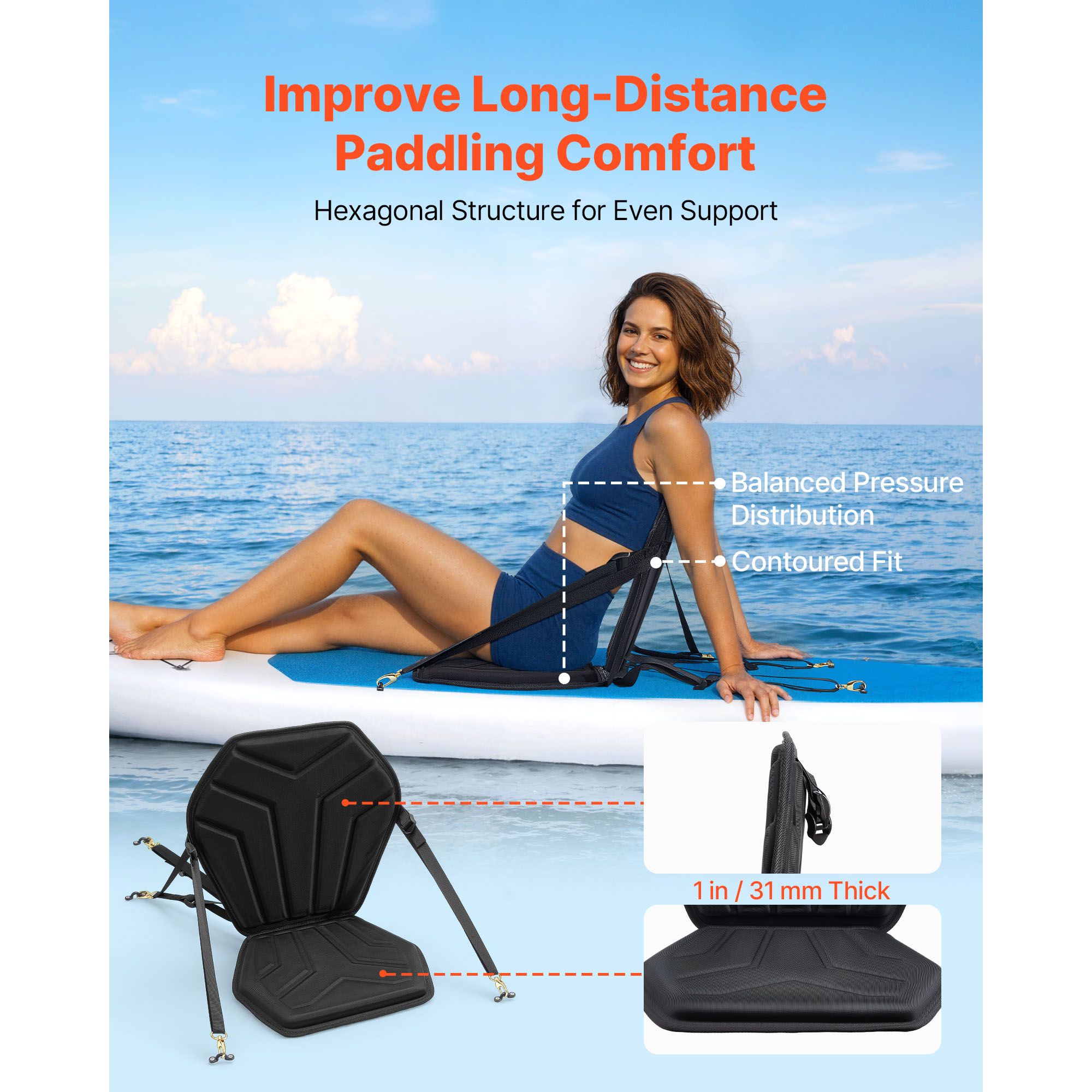 Kayak Seat, 1 Pack 31 mm Thick, Universal Paddle Board Seat with Back Support, Hexagonal Sit-on-Top Soft Padded Cushion with Storage Bag & Adjustable Straps — image 2