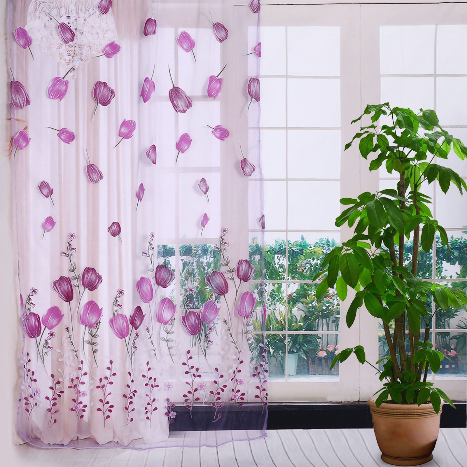 100*200cm Tulips Printing Tulle Curtains Sheer Drape Balcony Window Decoration Purple โ image 4
