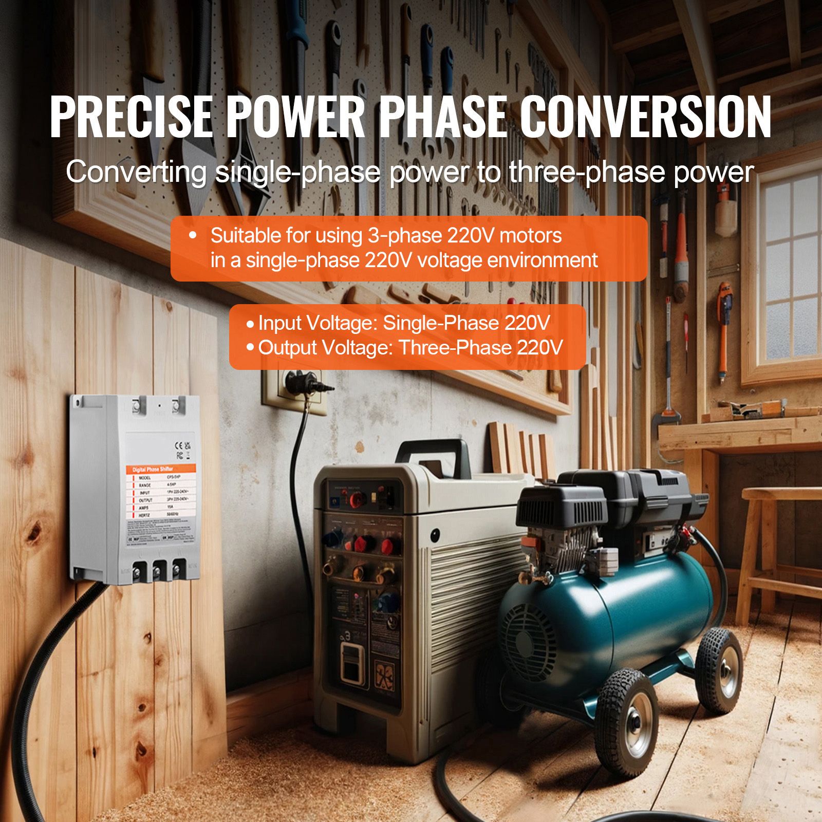 3 Phase Converter - 5HP 15A 220V Single Phase to 3 Phase Converter, Digital Phase Shifter for Residential and Light Commercial Use, 220V Input/Output (One — image 2