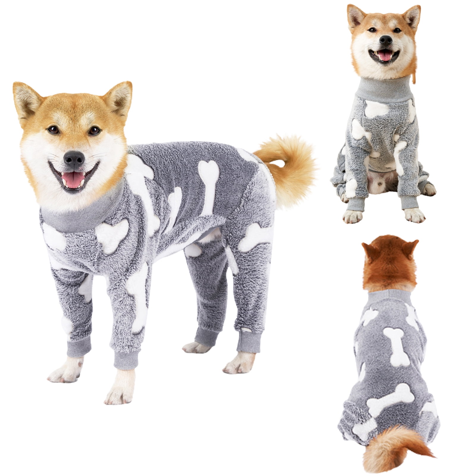 Turtleneck Dog Clothes Pajamas,Autumn Winter Dog Jumpsuit Coat,Winter Soft Warm Flannel Pajamas Jumpsuit for Medium Large Dog S Grey