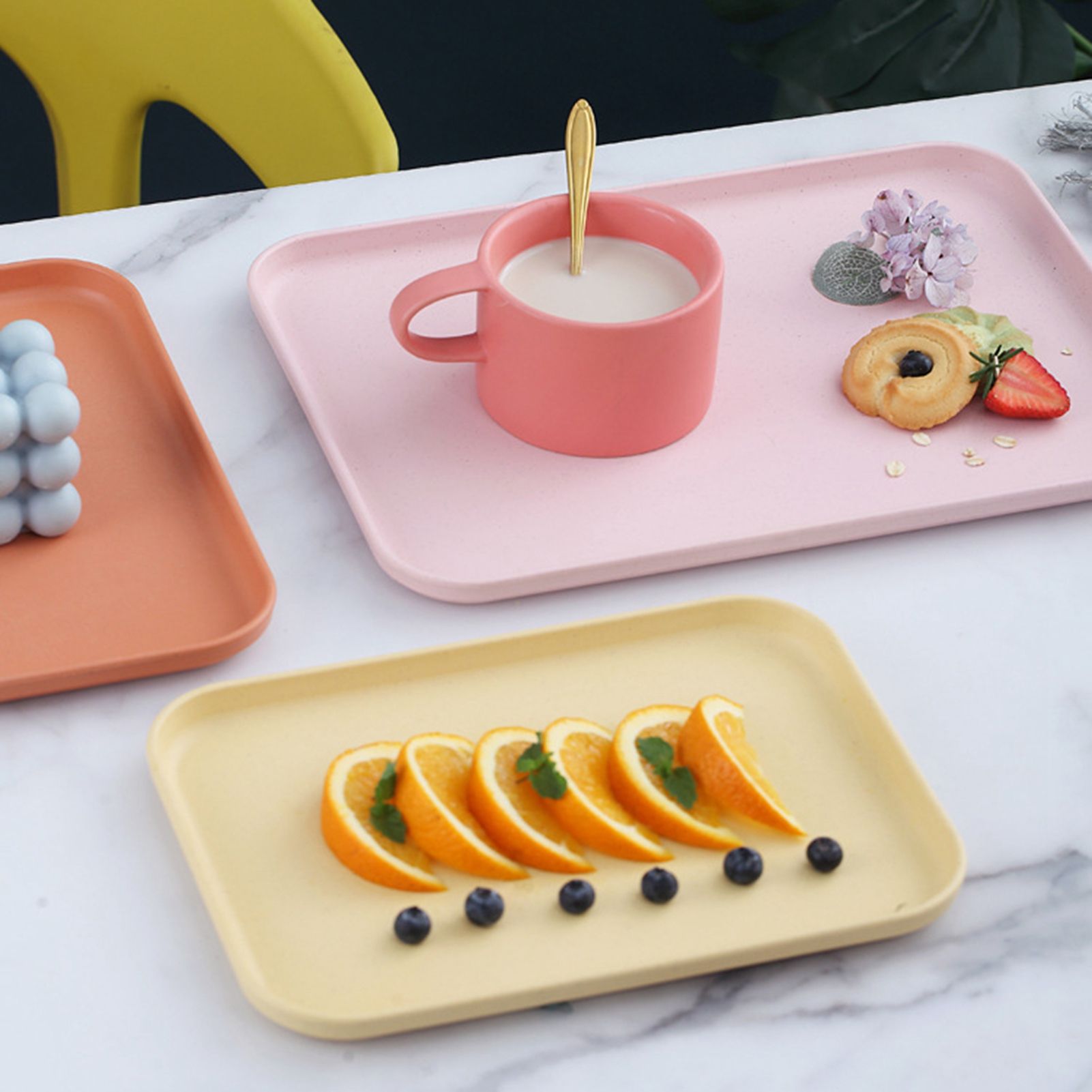 Kitchen Serving Tray Wheat Straw Rectangular Nordic Style Cupcake Fruit Snack Tea Tray for Home Office Restaurant Light Blue L (Approx. 38x27cm / 15.0x10.6in) โ image 3
