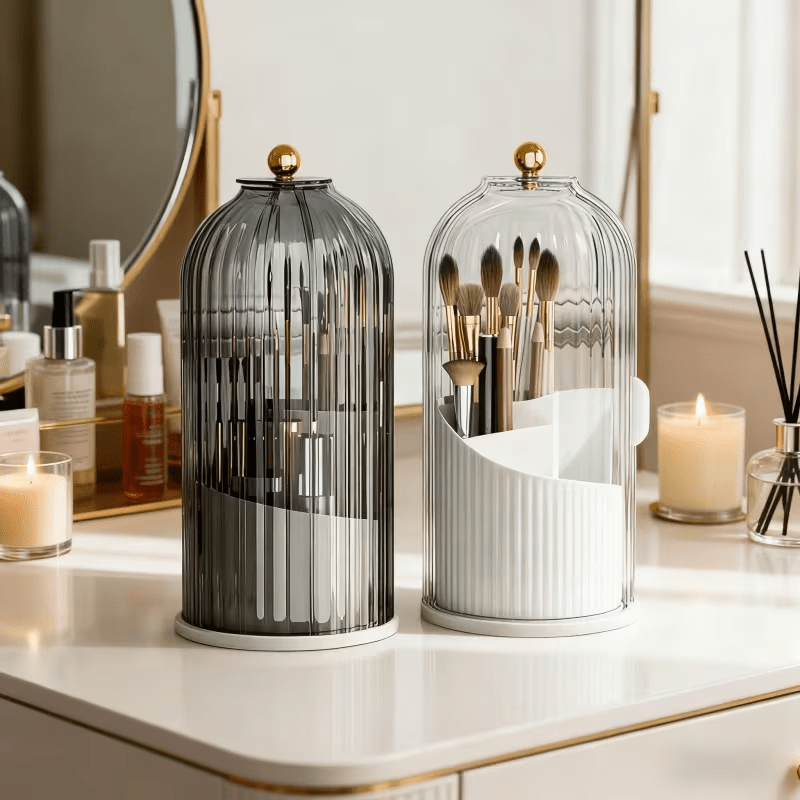 Transparent Rotating Makeup Brush Holder: 360° Rotation for Easy Access, Dust-Proof with Compartments, Neat and Portable(Transparent green) — image 6