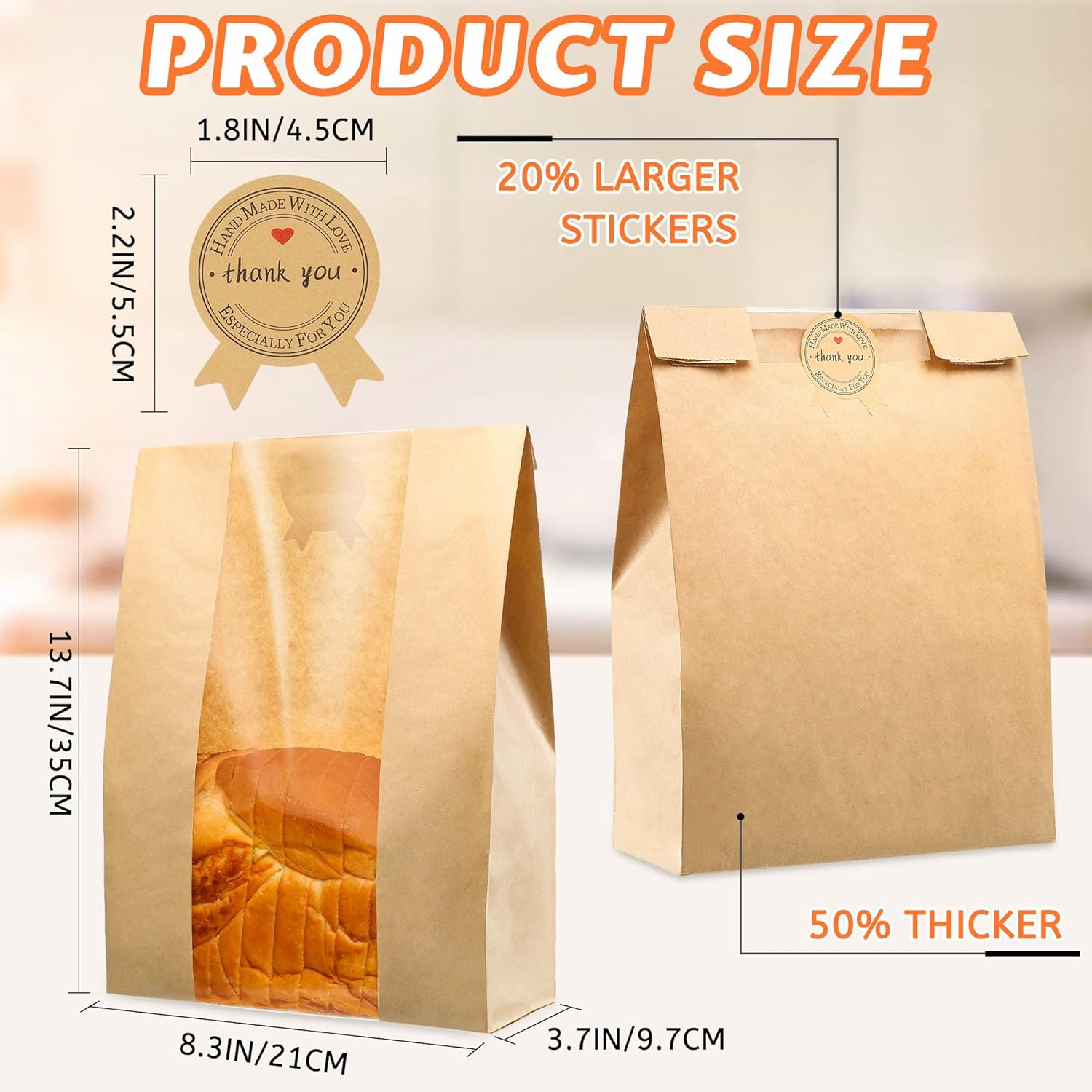 50 Pcs Bread Bags for Homemade Bread, Sourdough Paper With Window, 50% Thicker 13.7x8.2x3.7in A Large Bakery Used Storage Cookies & Snacks, 60 Cute Sealing — image 2