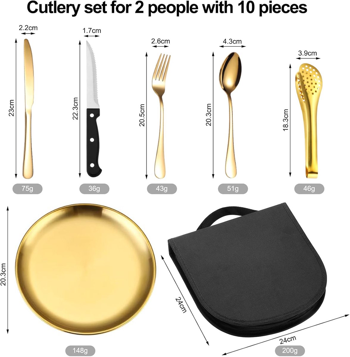 2 Person Cutlery Set (10-piece) - Camping Set for 2 People - Spoons, Knives, Forks, Steak Knives - 10 Pieces Stainless Steel Cutlery - Including Carrying Bag โ image 6
