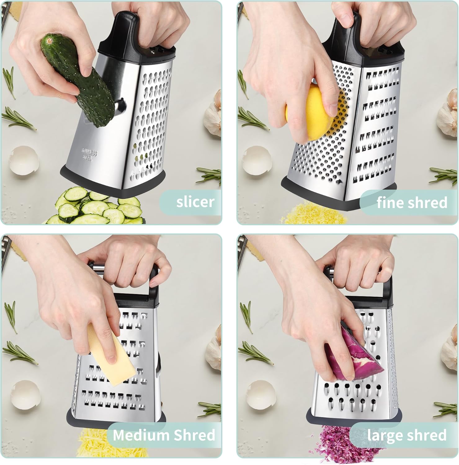 Professional Cheese Grater, 4-Sided Stainless Steel Box Grater, Food Shredder for Cheese, Parmesan, Vegetable, Black โ image 3