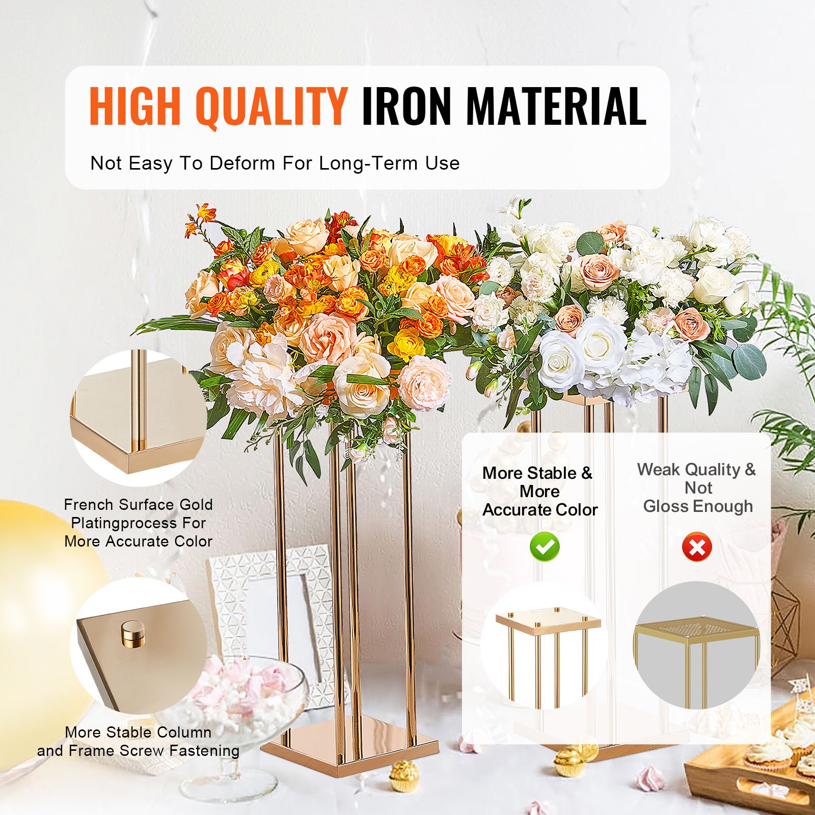 4PCS Gold Metal Column Wedding Flower Stand, 23.6inch /60cm High With Metal Laminate, Vase Geometric Centerpiece Stands, Cylindrical Floral Display Rack for — image 3