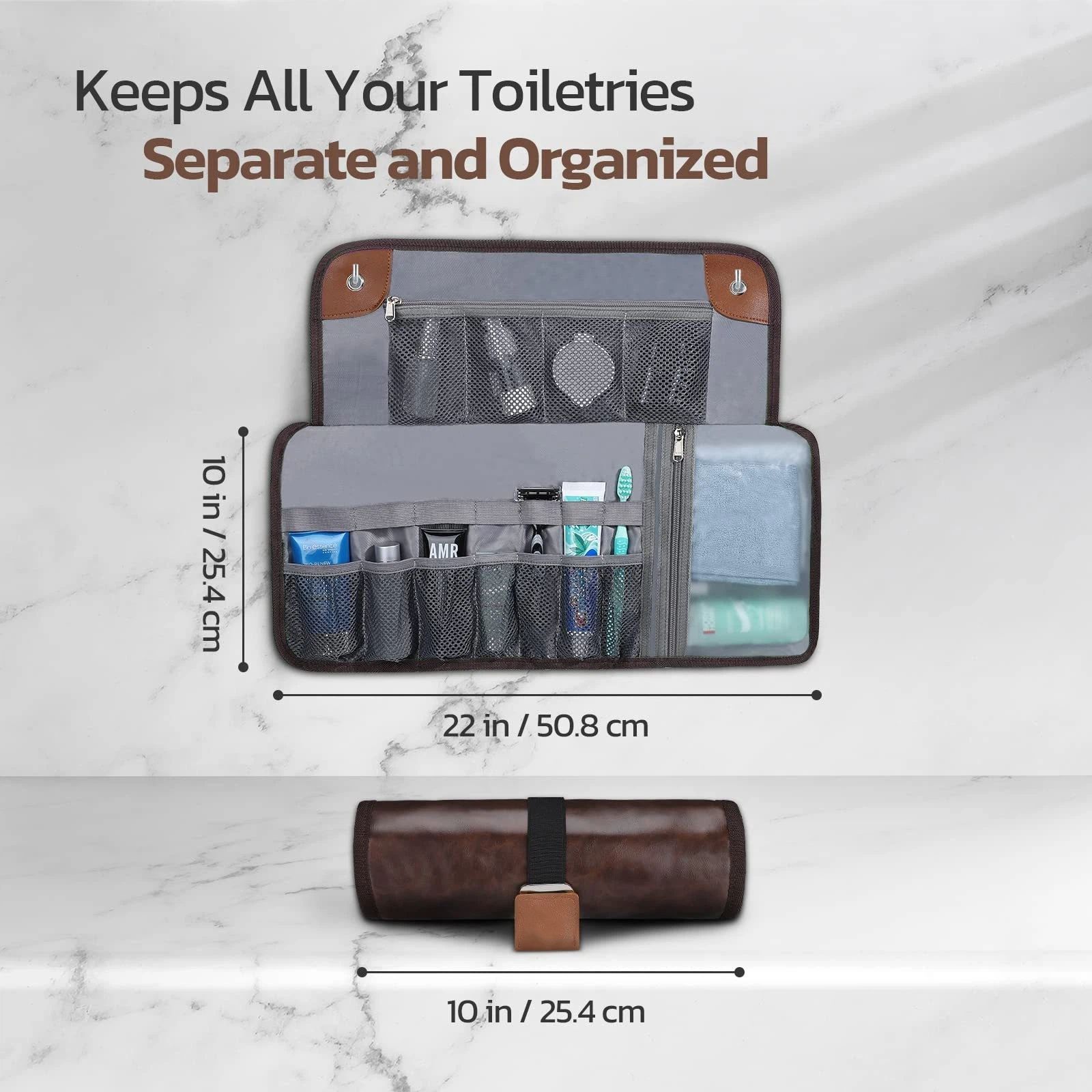 Toilet bag travel set, waterproof bathroom roll storage bag, used for shaving kit, toiletries accessories Shaving kit, Gifts for men(light brown) — image 5