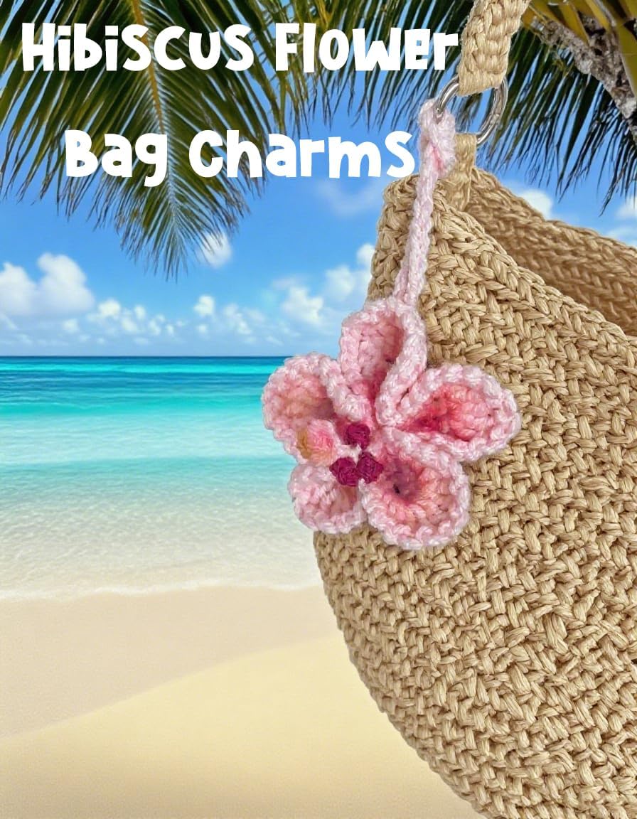 Hibiscus Car Ornaments, Crochet Hawaiian Tropical Flower Bag Charms Decoration Car Mirror Beach Accessories (Pink) — image 3