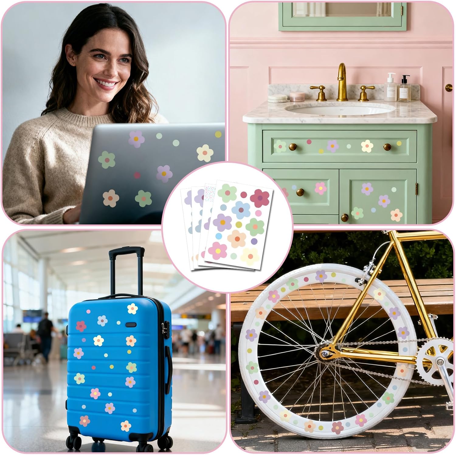 4 Sheets Flower Bike Stickers, Waterproof Wall Decals Colorful Daisy Cute Y2k Stickers for Home Car Motorcycle Bus Helmet Scooter Window Journal Planner Laptop — image 3