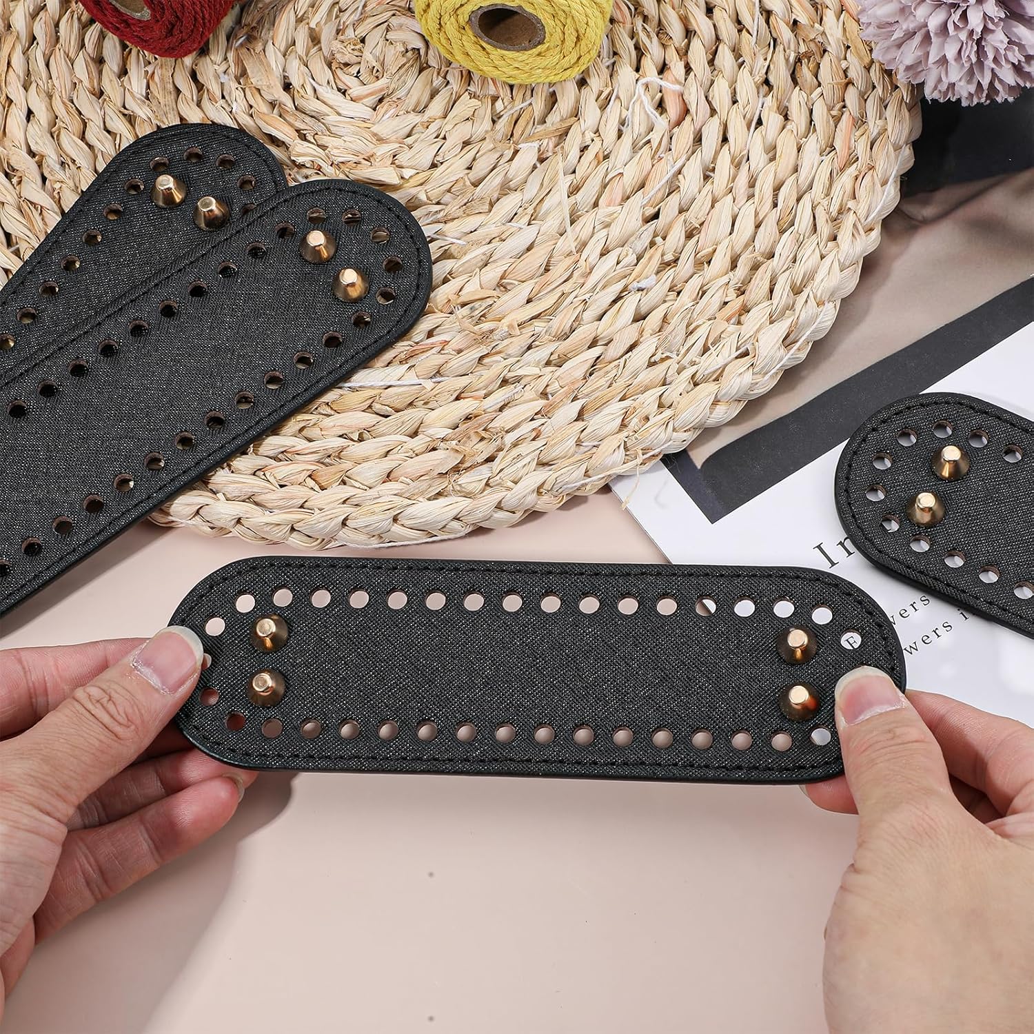 4 Pcs Black Purse Bottom for Crochet Bag Base Pu Leather Bag Bottom Base Leather Long Oval Purse Bottoms Making Supplies with Holes for DIY Crochet Bags — image 6