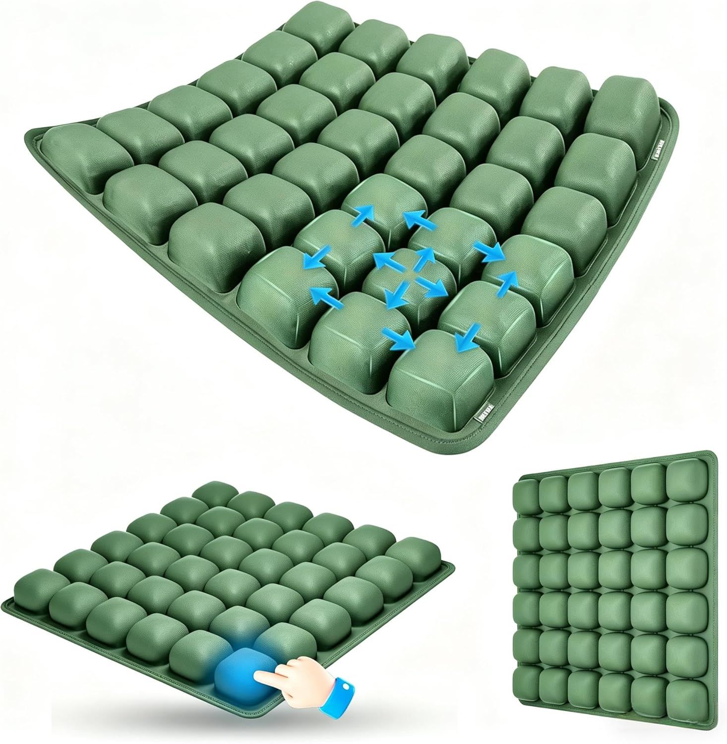 Dark Green Portable 3D Aircell Travel Inflatable Seat Cushion with Built-in Pump – 36 Airbags Ergonomic Pressure Relief Pad with Lycra Cover & Non-Slip Base — image 2