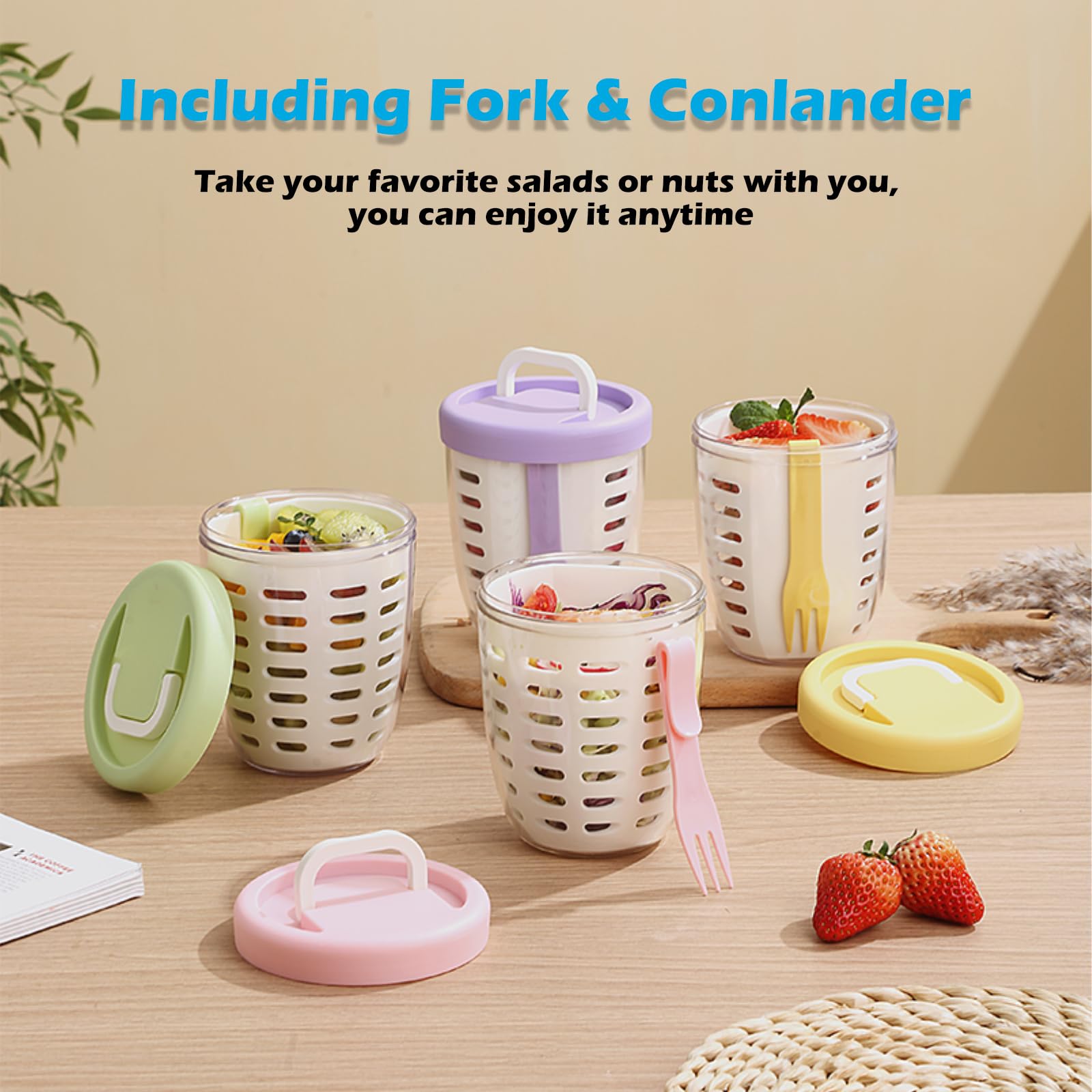 Portable Salad and Yogurt Cup with Fork and Colander Insert for Fruit, Snacks, School Lunches, Picnics and Travel, Yellow — image 4