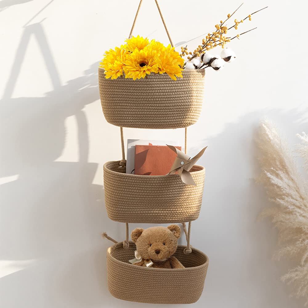Over the Door Hanging Basket, 3-Tier Woven Cotton Wall-Mounted Storage Organizer Bag Decorative Hanging Kitchen Baskets - Jute — image 3