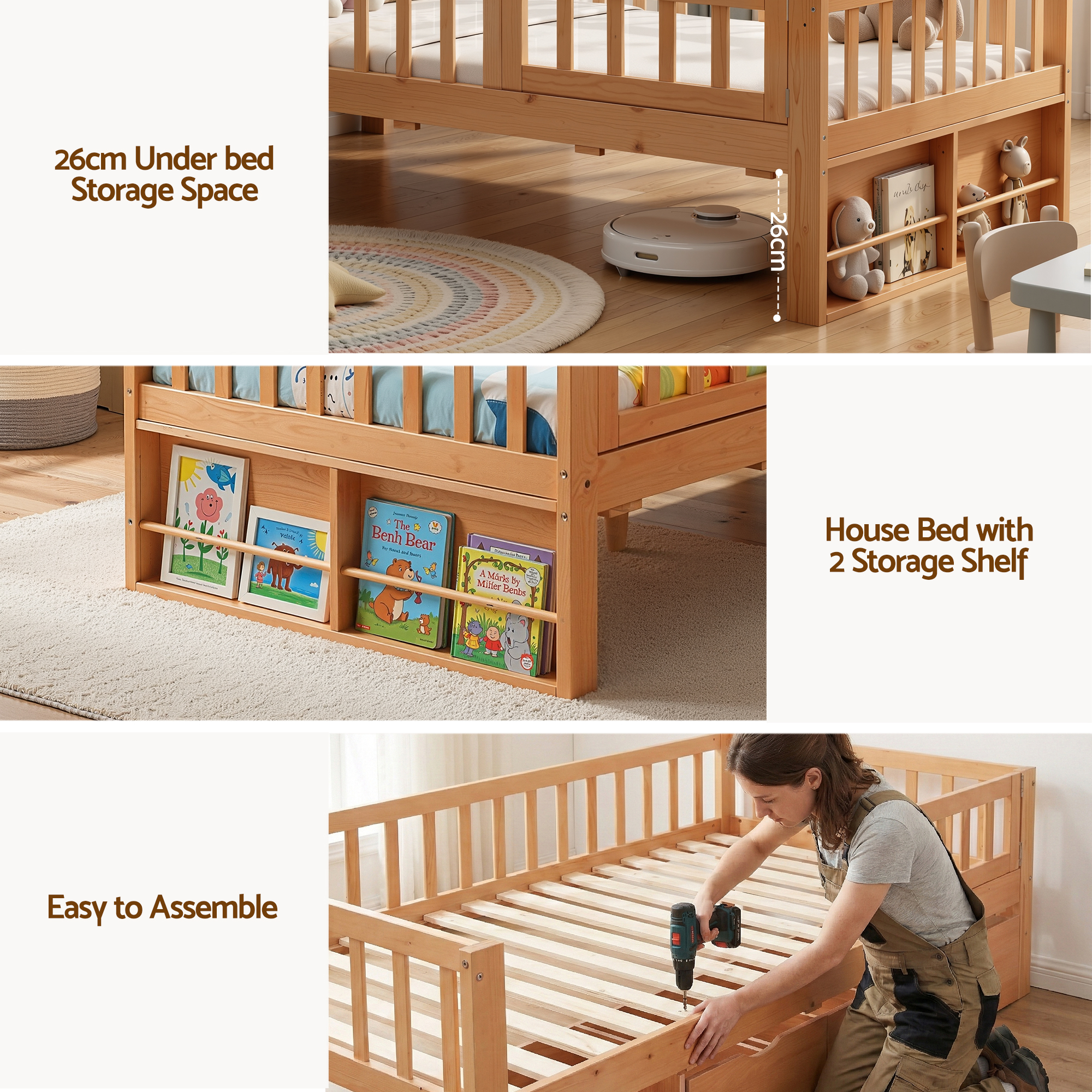 Artiss Kids Single Bed Frame with 3 Storage Drawer Montessori Bed for Toddler Natural โ image 6