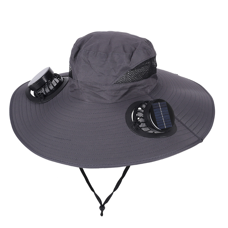 Dark Grey Dual Turbo Fan Sun Hat with Round Solar Panel & TypeC Interface - Waterproof 14cm Wide-Brim Cooling Hat for Outdoor Fishing Hiking Camping
