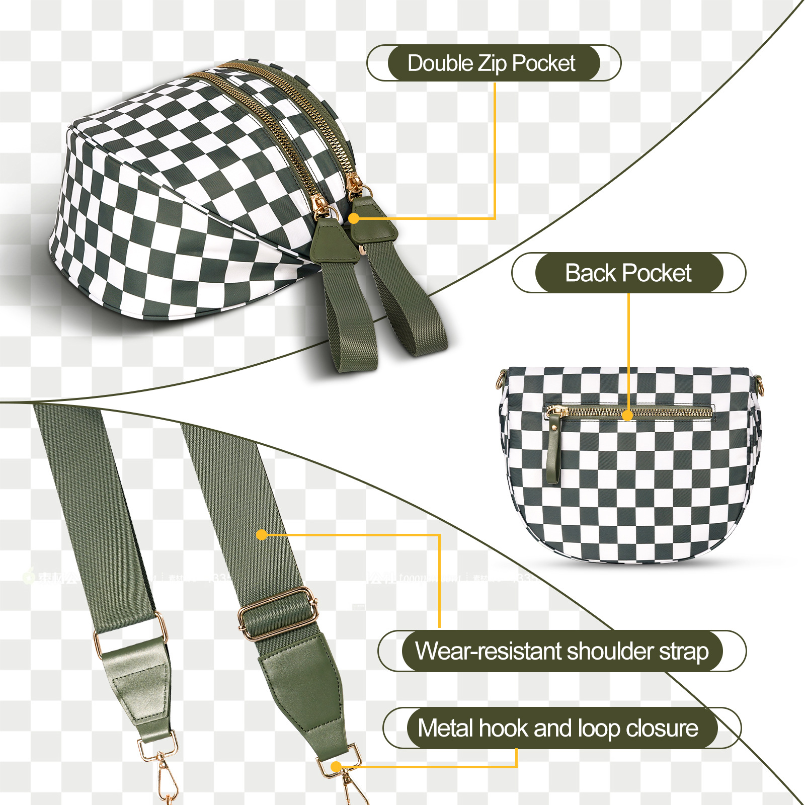 Green Checkered Trendy Sling Bag - Women's Crescent Crossbody Purse with Wide Adjustable Strap โ image 3