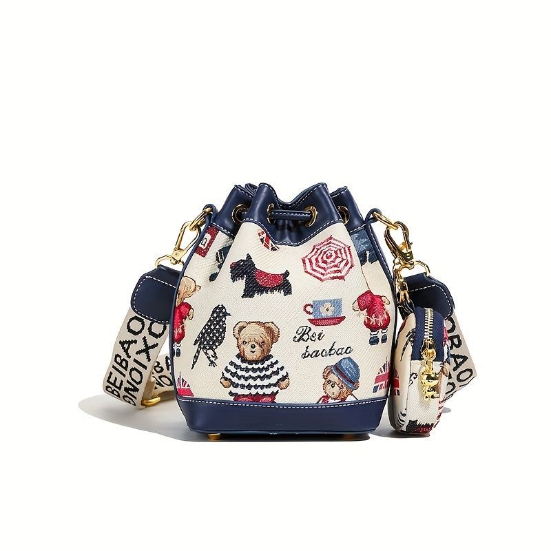 Women'S Bucket Bag Bear Print Handbag Trendy Handbag British Style Bag - Pink - Size 11-14-19 — image 2