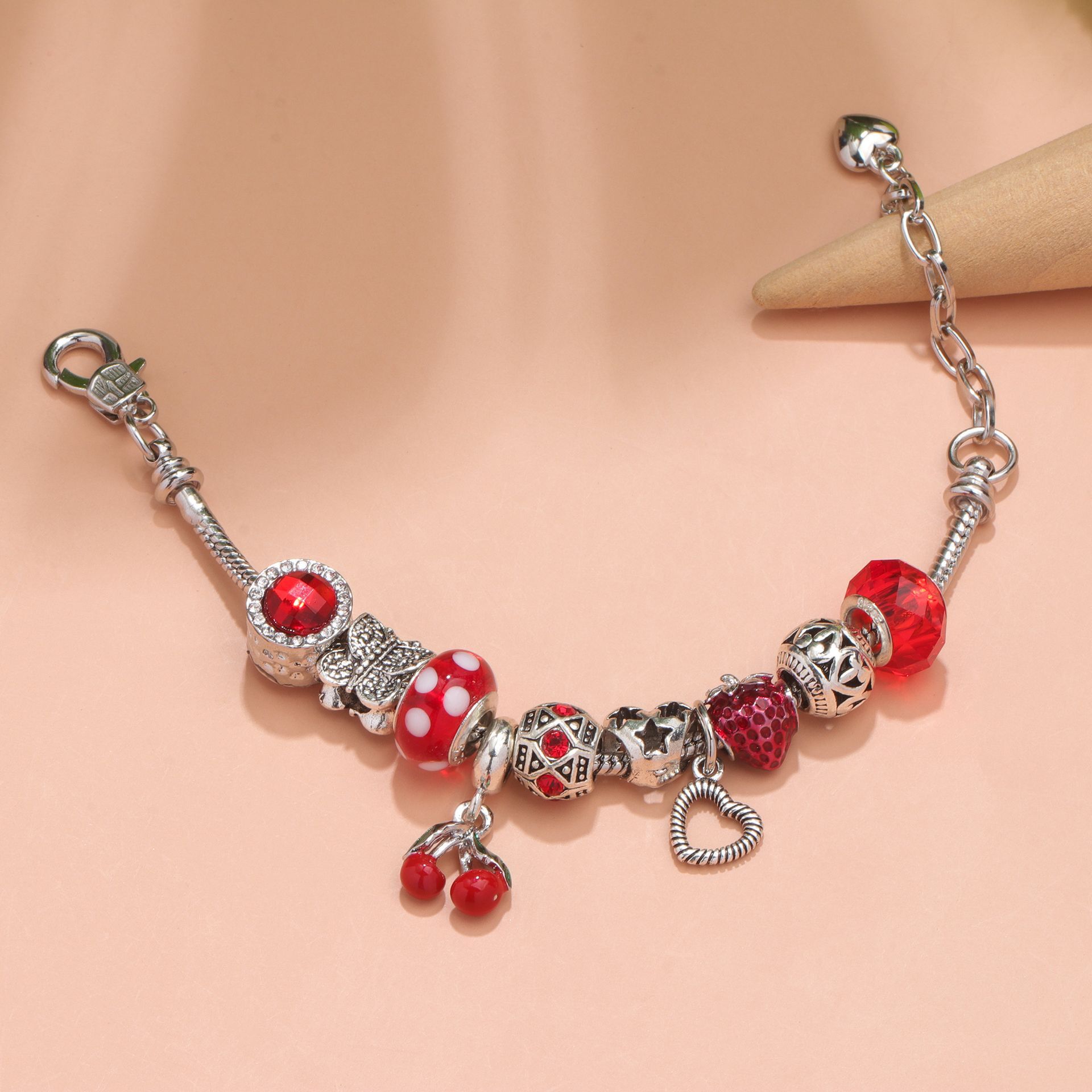 Charm Bracelet with Butterfly & Crystal Heart, Zinc Alloy(red,16cm) — image 2
