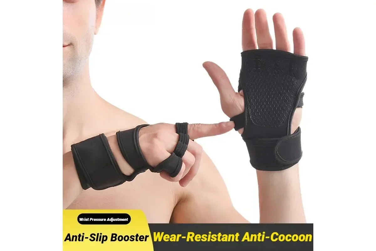 Half Finger Training Sport Gloves For Men Women Workout Fitness Body Building Weightlifting Gym Hand Wrist Protector Dumbbells - Red (1pair) L — image 2