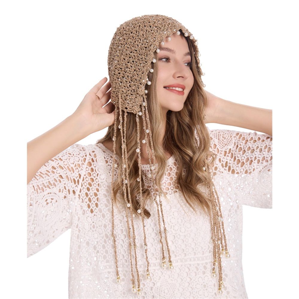 Women's crochet loose brimless cap, hand woven soft cap, spring, summer, autumn, winter with Tassel Handmade Knit Cap(khaki) — image 3