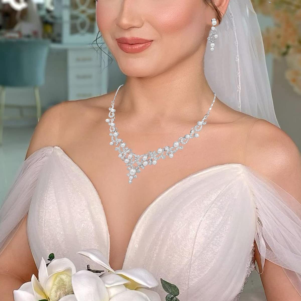Wedding Bridal Jewelery Set Crystal Simulated Pearl Necklace Dangle Earrings for Women Rhinestone Accessories for Women and Girl โ image 3