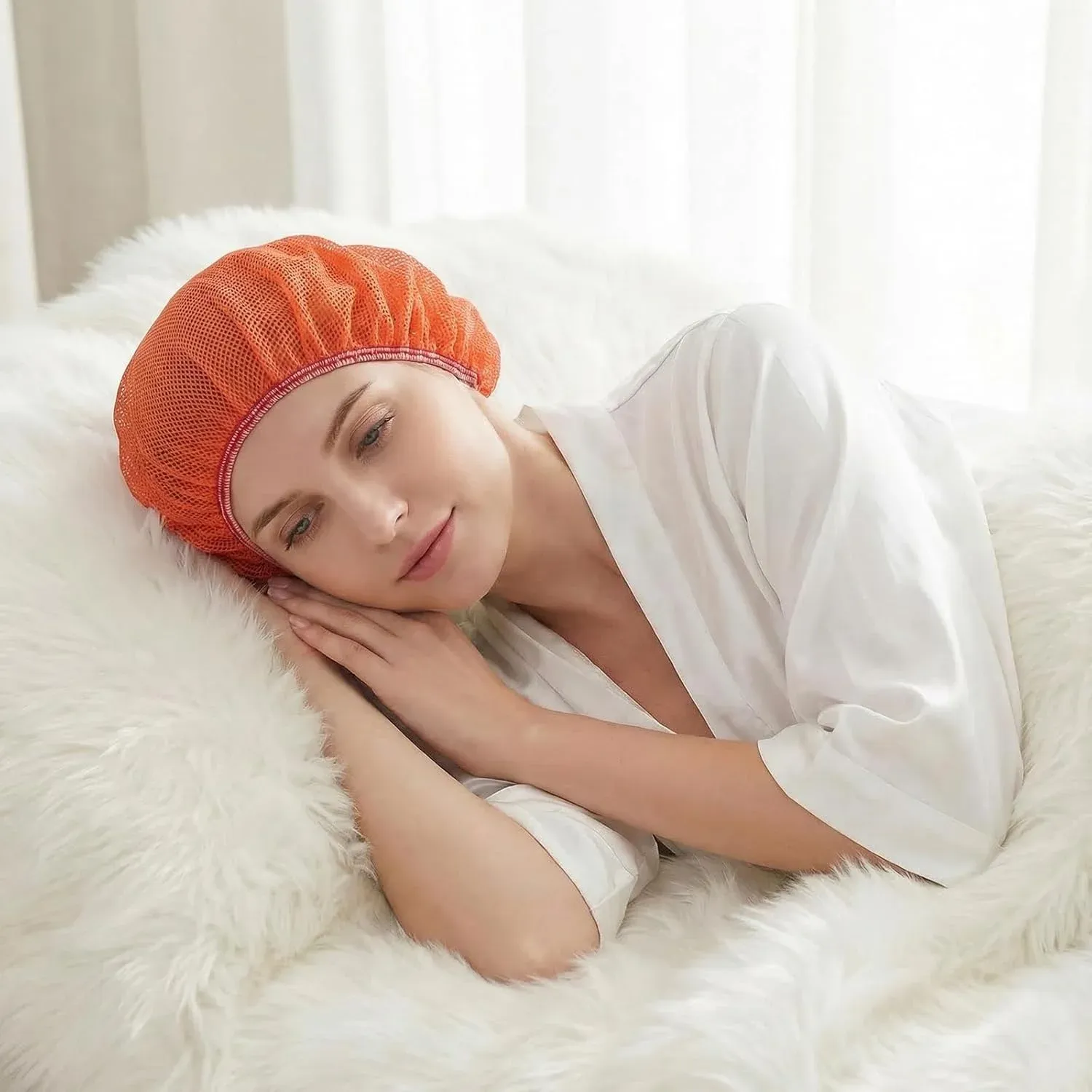 4 Pack Mesh Sleep Bonnets for Women, Breathable Elastic Hair Nets, Pink Blue Orange Black — image 5