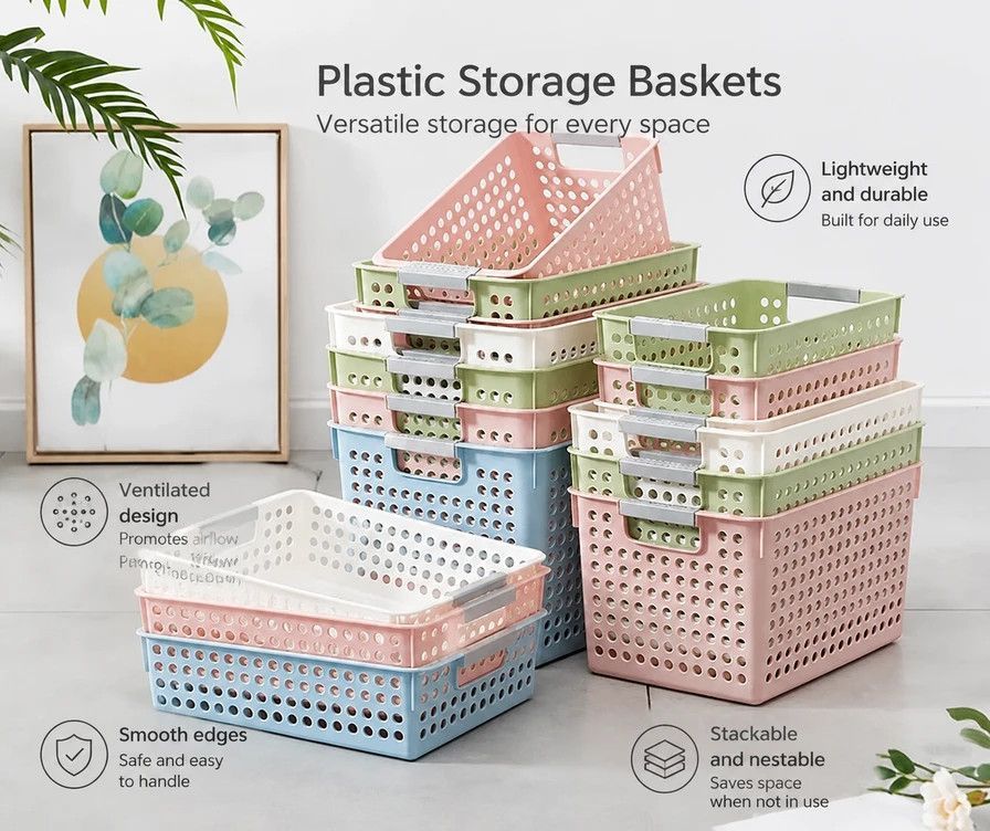 Shallow Plastic Storage Basket, Large Size, 13.78x10.24x3.35in, Green, Practical Storage Gift ā image 5