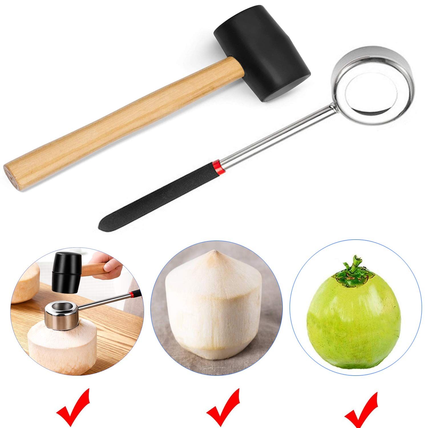 Coconut Opener Set for Young & Mature Coconuts by |Coconut Tools for Meat Removal with Hammer & Stainless Steel Knife โ image 2
