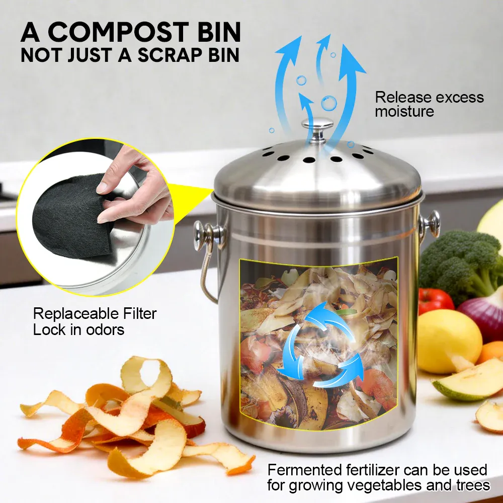 5L Compost Bin Kitchen Countertop Stainless Steel Composter Bucket with Lid and Charcoal Caddy Kitchen Waste Pail Odour Free and Easy Cleaning Silver โ image 3