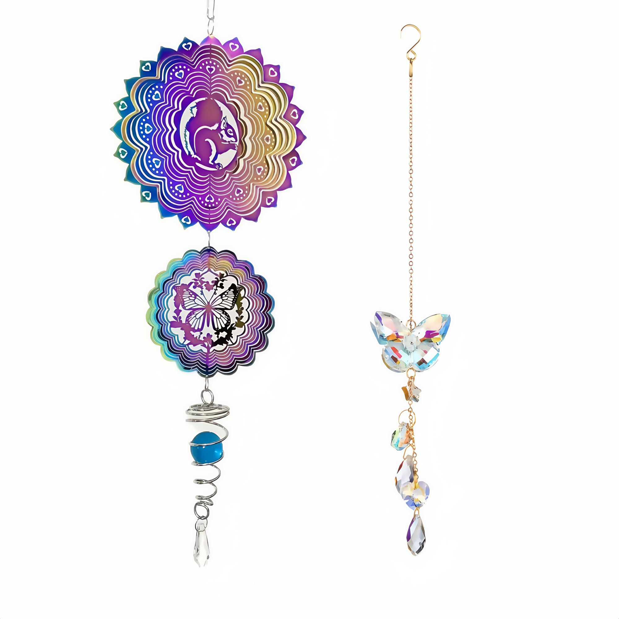 3D Stainless Steel Wind Spinner with Spiral Tail & Butterfly Crystal Sun Catcher, Hanging Metal Wind Chimes for Women Gift, Indoor/Outdoor Decor, Yard Art