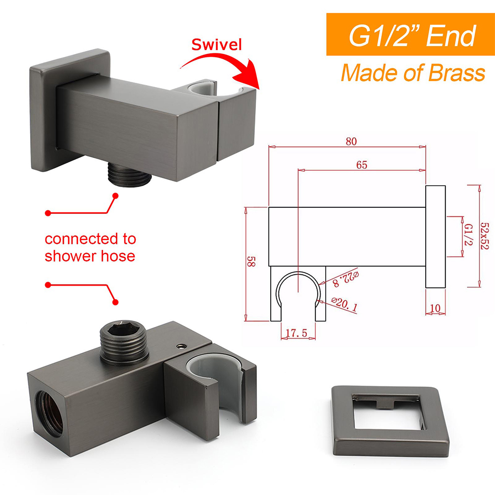 Gun Metal Grey Square Shower Head Holder Bracket Inlet Elbow Water Connector Kit — image 2