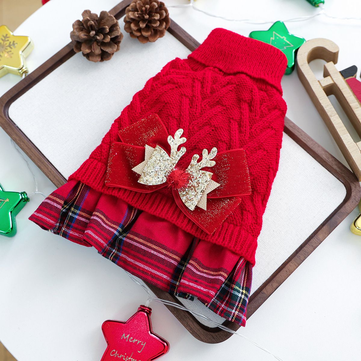 Red L Size Reindeer antler design bow-knot Christmas Pet Knitted Dress - Acrylic Dog and Cat Jumper, Lightweight Festive Winter Outfit for Pets โ image 5