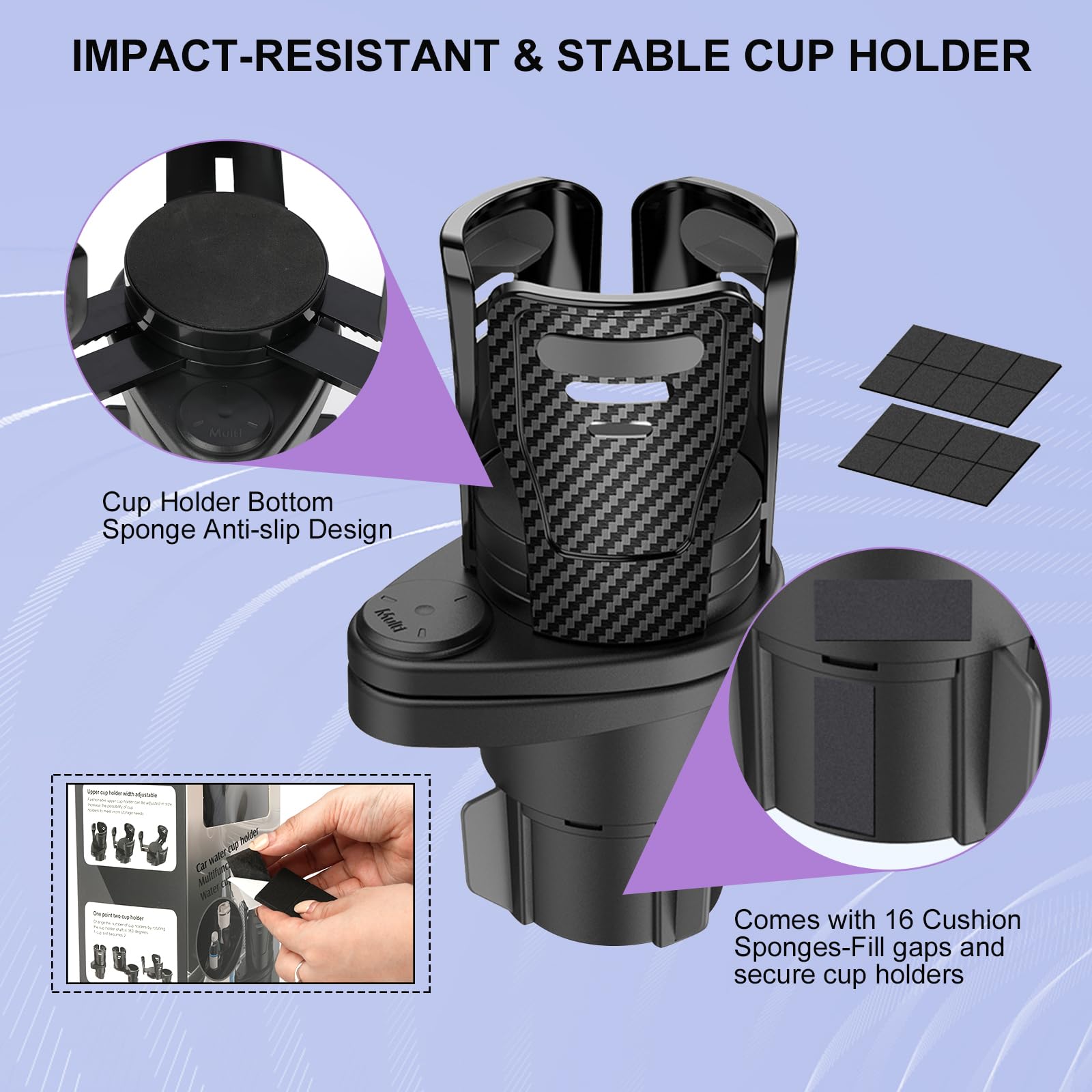 Dual Cup Holder Expander with 360° Rotating Tray – Adjustable Drink & Snack Organizer for Cars, Trucks, SUVs and RVs (Black) — image 3