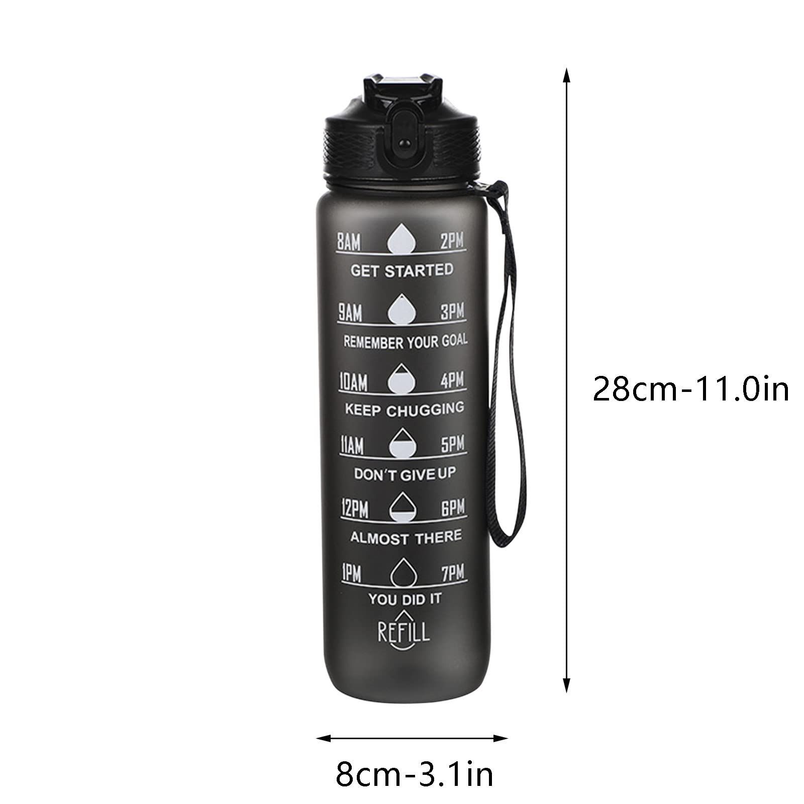 32oz Leakproof Motivational Sports Water Bottle with Straw & Time Marker, Flip Top Durable, Non-Toxic Frosted Bottle (black)